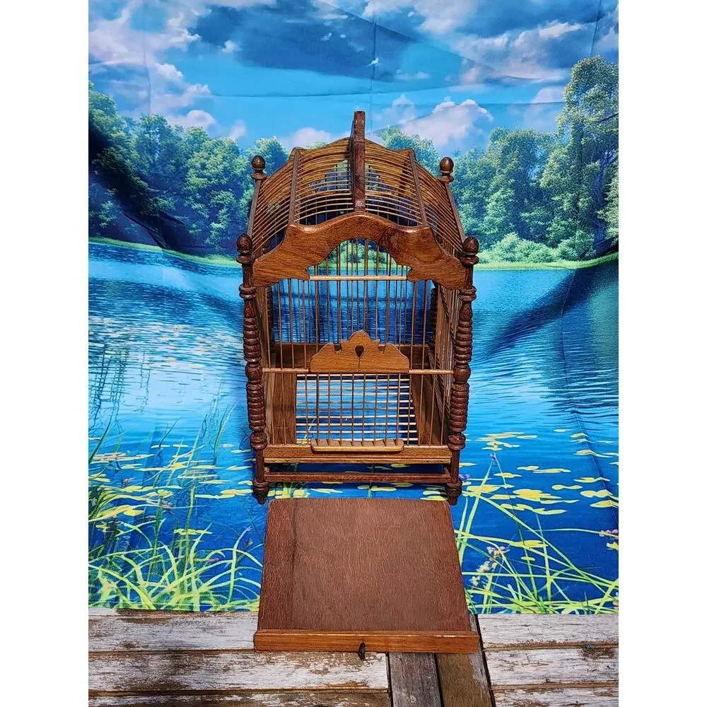 Vintage Asian Wooden Bird Cage Teak or Bamboo Bird Cage 19th Century W/ Tray